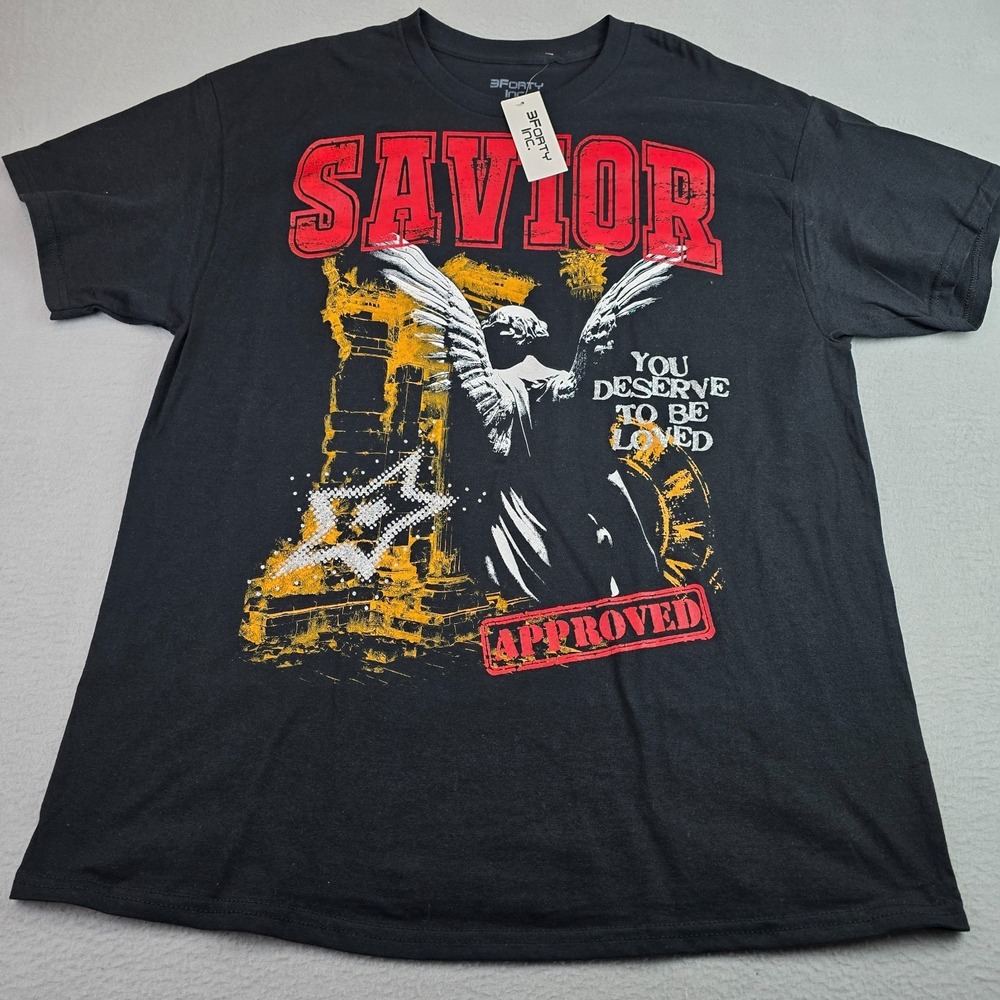 3Forty Savior Approved Graphic Tee XL Black Christian Angel Streetwear Cotton